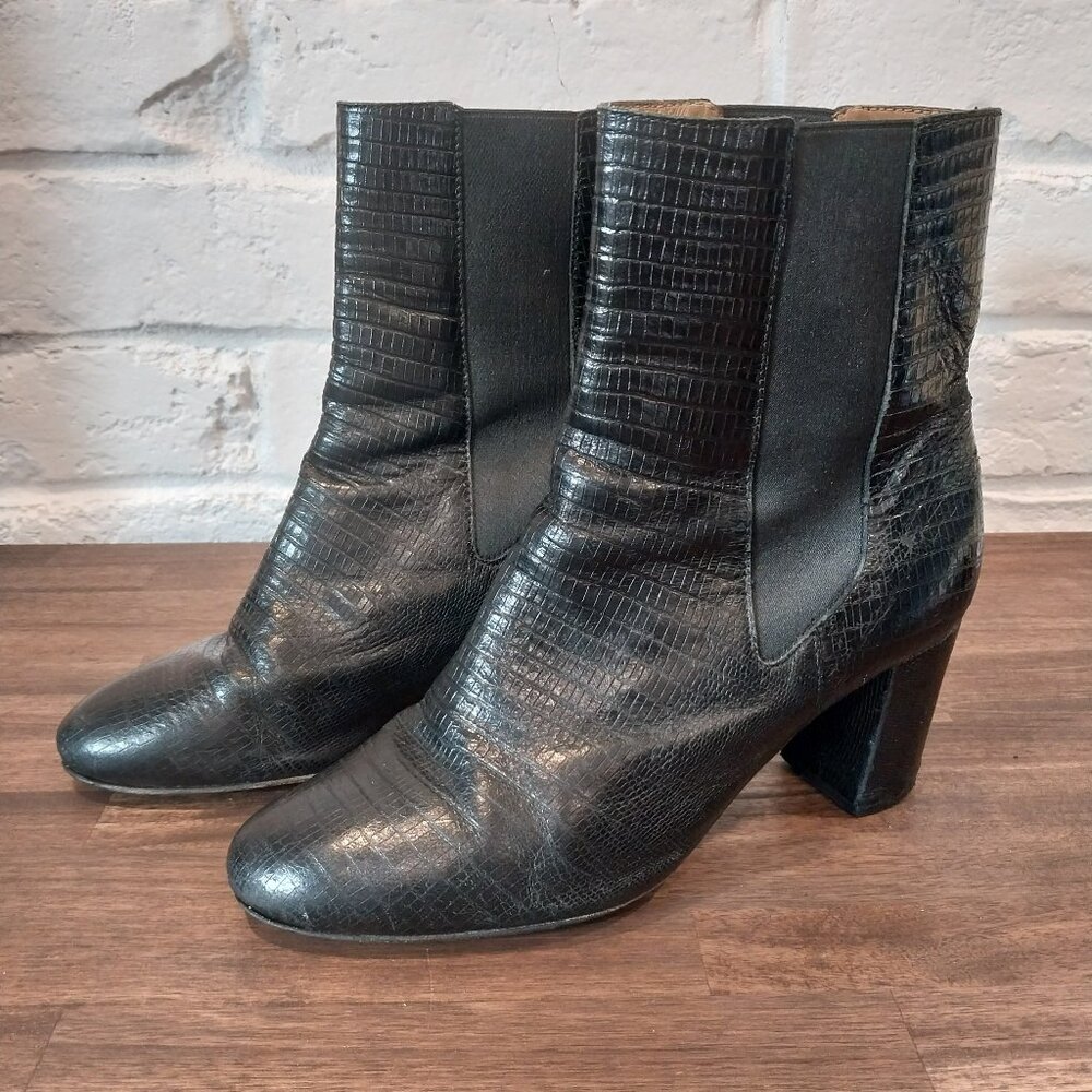 Les Souliers Sezane Ankle Boots Womens 9 Black Lizard Leather Lea Mid Block Heel